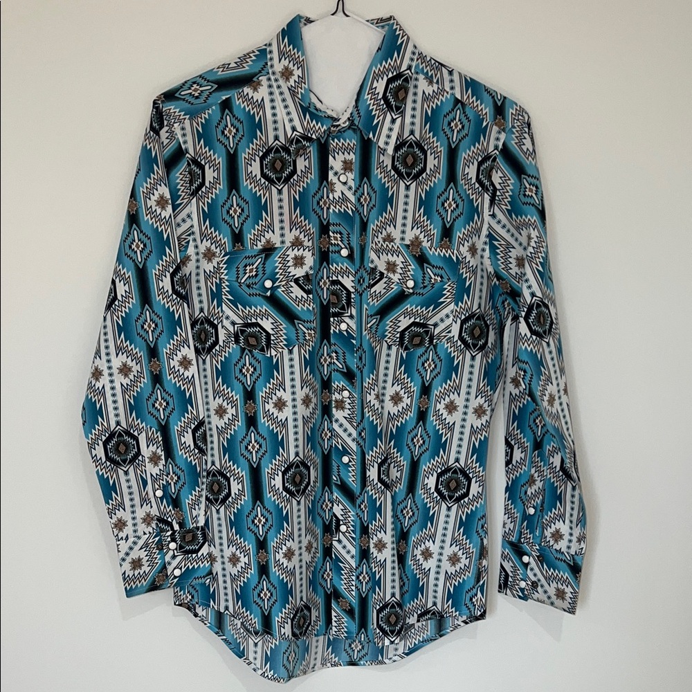 Men's Teal Geometric Button-Down Western Shirt